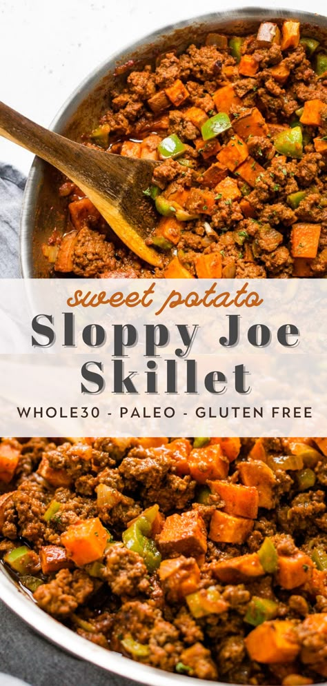 This Sweet Potato Sloppy Joe Skillet recipe is a healthy version of a comfort food favorite, without the buns! It's easy to make in under 30 minutes, delicious, and loaded with simple ingredients. Perfect for a quick weeknight dinner! Paleo, Whole30, and gluten free too! Sloppy Joe Skillet, Whole30 Sloppy Joes, Sweet Potato With Ground Beef, Sweet Potato And Ground Beef Recipes, Sweet Potato Whole 30, Ground Beef And Sweet Potato Recipes, Whole 30 Ground Beef Recipes, Ground Beef Sweet Potato Recipes, Sweet Potato Sloppy Joe