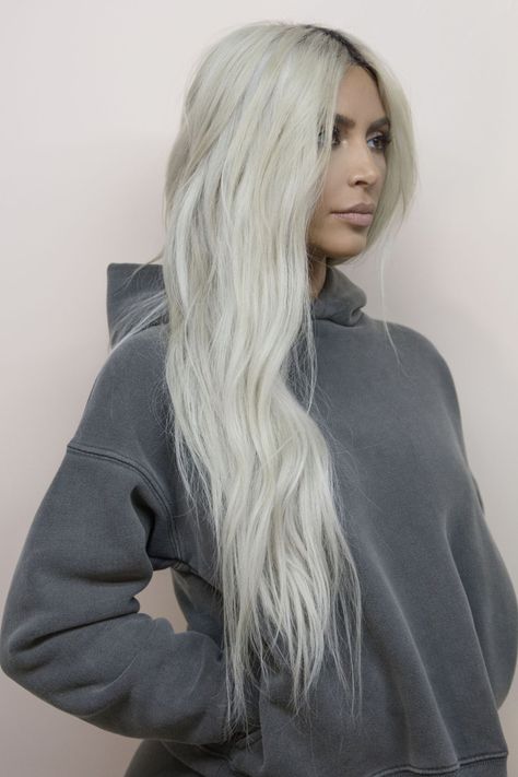 Kim kardashian for Yeezy season 6 with long blonde platinum hair color #haircolor #hair #kimkardashian #platinum mblonde Kim Kardashian Blonde, Older Hair, Blonde Platinum, Platinum Hair Color, Kim Kardashian Hair, Hair Colorful, Kardashian Hair, Hair Color Blonde, Boys Hair