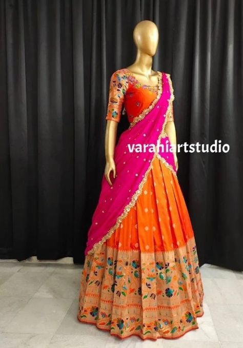 For orders what's app number 82959 63479 Pythani Pattu Half Sarees, Latest Lehanga Models, Lehenga Combination, Lehanga Models, Green Blouse Designs, Indigo Saree, Bangle Ceremony, Traditional Lehenga, Half Saree Function