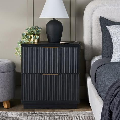 Buy Better Homes & Gardens Lillian Fluted 2-Drawer Nightstand with USB, Rich Black Finish at Walmart.com Black Nightstand Bedroom, Unisex Apartment, Fluted Nightstand, Glam Bedroom Design, White Night Table, Chest Of Drawers Tv, Apartment Shopping List, Bedding Aesthetic, Nice Bedroom