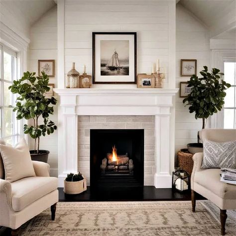 40 Shiplap Fireplace Ideas for a Modern Farmhouse Look Brick And White Fireplace, Living Room Inspo Fireplace, Fireplace With Shiplap Above, Fireplace Lighting Ideas, Shiplap Fireplace Ideas, Fireplace Molding, Farmhouse Fireplace Ideas, Fireplace Walls, Modern Farmhouse Fireplace