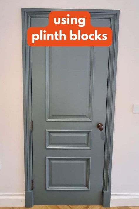 An image of a door that features skirting board, architrave and plinth blocks that links to a blog about plinth blocks and how they are used. Skirting Boards And Architraves, Architrave Door Frames, Door Architrave, Flush Architrave, Plinth Design, Dark Architrave And Skirting, Skirtings And Architraves, Door Plinth Block, Square Skirting Board