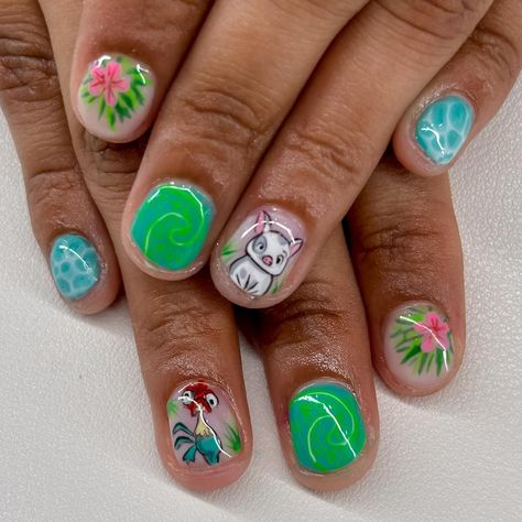 Moana nails🤭🌊🌺🌺 Structured gel mani fill: $60 Intricate designs x6: $42 Medium designs x4: $20 Total: $122 #moana #moananails #disney #disneynails #easynails #neutralnails #chromenails #bloominggelnails #fruitnails #nailsnailsnails #auranails #3dnails #gelnails #gelxnails #gelx #buildergel #nailsofinstagram #frenchtips #simplenails#coquette Flower nails, dainty nails, lace nails, Chrome nails, neutral nails, junk nails, 3d nail art, crazy nails, funky nails, cool nails, almond nails, 3d ... Moana Nails Acrylic, Moana Nail Designs, Disney Hawaii Nails, Nails For Kids Encanto Dolores, Tropical Disney Nails, Moana Themed Acrylic Nails, Moana Hair, Moana Nail Art, Moana Inspired Nails