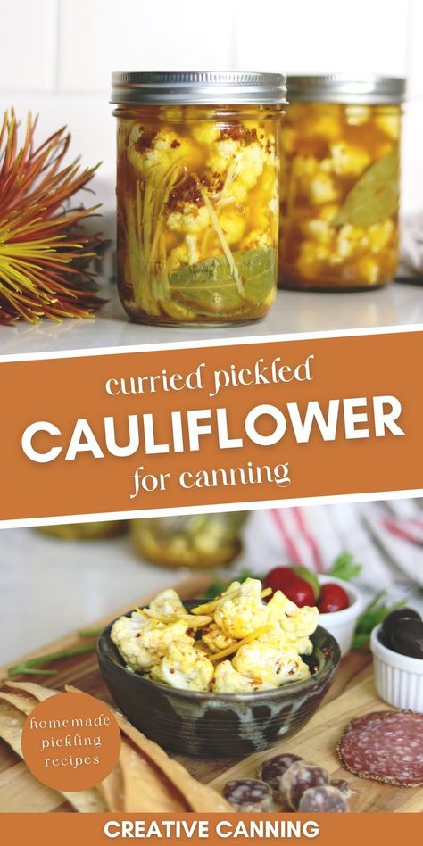 Curried Pickled Cauliflower for Canning: Creative Canning Recipes - If you're looking for a unique addition to your charcuterie board, curried pickled cauliflower is just what you need! This easy home canning recipe combines a light curry flavor with the zesty zing of pickles, creating a condiment that will add something special to your spread. This homemade pickling recipe for canning pickles is easy to make and is perfect for long-term food storage. Canning Pickles Recipe, Pickled Pepper Recipe, Pickled Fruit, Easy Pickling Recipes, Water Bath Canning Recipes, Pickled Cauliflower, Pressure Canning Recipes, Canning Pickles, Home Canning Recipes