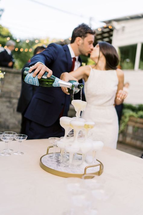 gabby-sean-wedding-champagne-tower-1220 Champagne Tower Wedding, Elopement Party, Martha Weddings, Backyard Reception, Small Wedding Cakes, Champagne Tower, Martha Stewart Weddings, Brunch Wedding, Champagne Wedding