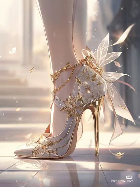 Manhwa Shoes, Fantasy Heels, Fantasy Shoes, Fairytale Shoes, Whimsical Shoes, Magic Shoes, Dreamy Gowns, Fairy Shoes, Dress Design Drawing