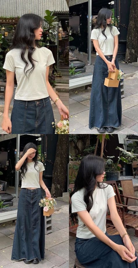 Girly Modest Outfits Summer, Sustainable Summer Fashion, Long Skirt Outfits For Summer Casual, Tokyo Japan Outfits Summer, Ootd Poses Ideas, Ootd Ideas Simple, Summer Asian Outfits, Tokyo Spring Outfit, Asian Summer Fashion