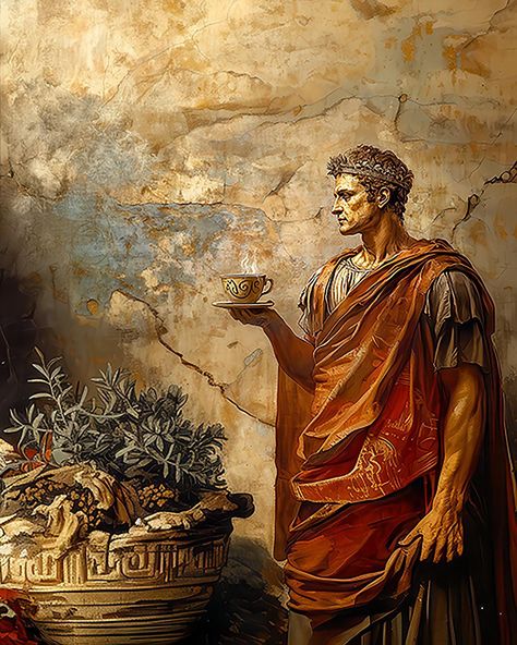 Bring a touch of whimsical historical elegance to your space with this unique digital art print featuring Julius Caesar enjoying a cup of coffee. This 16x20in high-resolution image (240 dpi) beautifully blends classical artistry with a humorous modern twist, creating a conversation piece perfect for your home, office, or café. This digital download showcases a stunning fresco-style painting of Julius Caesar in traditional Roman toga and laurel wreath, depicted in rich amber and terracotta tones. The distinguished emperor stands regally beside ornate pottery and olive branches, holding a delicate coffee cup with rising steam--a delightful anachronism that adds charm and wit to this classical scene. The textured, weathered background evokes ancient Roman walls, enhancing the authentic fresco Roman Toga, Historical Humor, Gifts For History Buffs, Unique Digital Art, Coffee Art Print, Olive Branches, Julius Caesar, Roman Emperor, Laurel Wreath