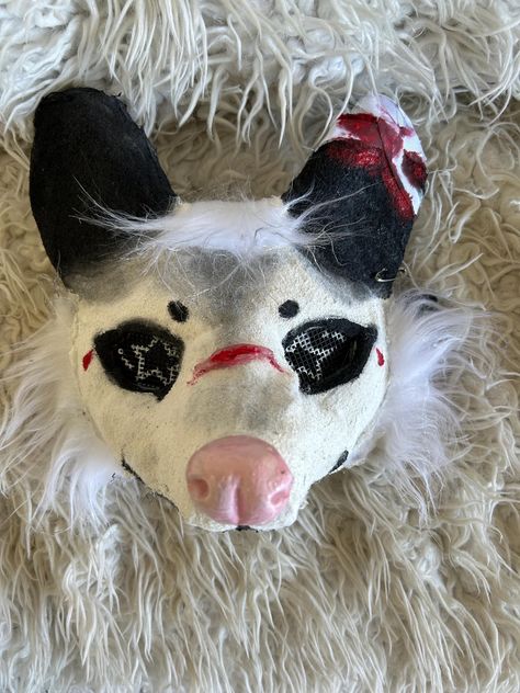 handmade "grade A" opossum therian/animal mask!  -star pupils -safety pin earring- -high quality paint job, with a shaded and glazed clay nose  -not waterproof!  -automatically comes with comfy foam forehead rest- with an option to make it even comfier with cotton lining for an extra $10! OOAK- this mask is 1/1 and this exact style  will not be made again!  thanks sm for reading :) Opossum Stuffed Animal, Wolf Mask Therian, Rabbit Therian Mask, Possum Therian Mask, Opossum Therian Mask, Animal Mask Ideas, Opossum Fursuit, Coyote Therian Mask, Therian Masks