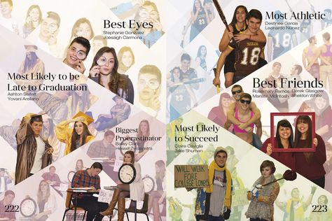 Yearbook Layouts Clubs, Club Spreads Yearbook, Yearbook Profile Ideas, Sunset Yearbook Theme, Yearbook Superlatives Ideas, Senior Superlatives Yearbook Layout, Yearbook Opening Page Ideas, Senior Superlatives Yearbook, Yearbook Spreads Ideas Layout