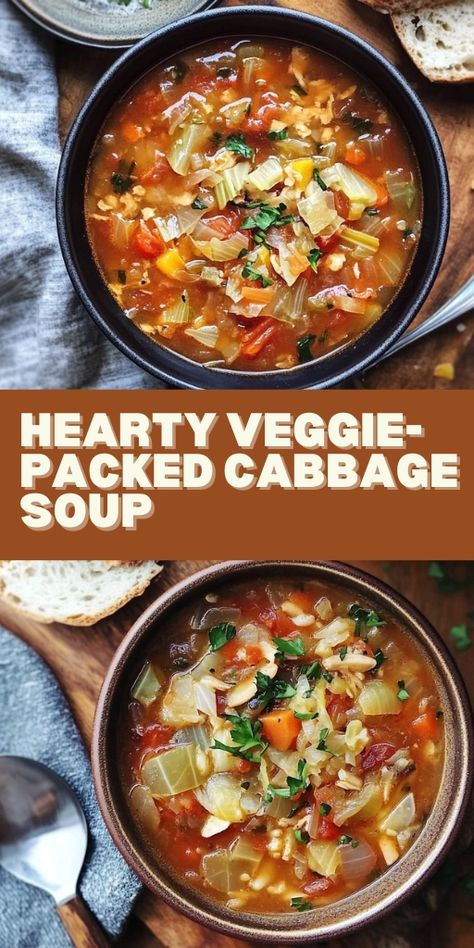 This Hearty Veggie-Packed Cabbage Soup is the ultimate comfort food for cold days! Packed with nutrient-rich vegetables like carrots, celery, and tomatoes, along with tender cabbage, this soup is filling, healthy, and full of flavor. It’s perfect for meal prep, a cozy family dinner, or a hearty lunch. Low in calories and high in vitamins, it’s a must-try for anyone looking for a light yet satisfying meal. #CabbageSoup #VeggieSoup #HealthyRecipes #ComfortFood #SoupSeason 🥣🥕🍲 Cabbage With Tomatoes, Cabbage And Zucchini Soup, Whole 30 Cabbage Soup, Healthy Stuffed Cabbage Soup, Cabbage Soup Diet Crockpot, Veggie Cabbage Soup, Vegetable Cabbage Soup Recipe, Cabbage And Cauliflower Soup, Wfpb Cabbage Recipes