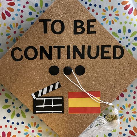 A Radio-TV-Film major with a Spanish minor. Coming soon to a grad school near you ‍ | grad cap | film graduation cap | tv graduation cap | graduation cap decorations | graduation cap ideas | movie graduation cap | film major cap | Spanish major cap | Movie Graduation Cap, Cap Diy Ideas, College Cap Decorations, American Vandal, Graduation Cap Diy, Diy Grad Cap, College Senior Year, Be Groovy Or Leave, Film Major