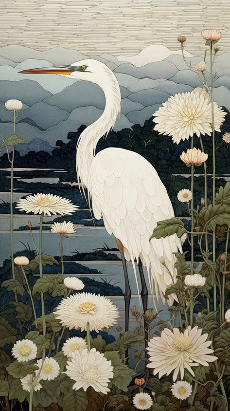 Download premium image of Traditional japanese stunning heron painting animal plant. by Ling about japanese egret, heron, animal, animal wildlife, and ardeidae 14074051 Stork Japanese Art, Egret Watercolor Painting, Japanese Art Prints Illustrations, Asian Crane Art, Japanese Plant Art, Egrets And Herons, Egret Drawing, Japanese Painting Traditional, Heron Pictures