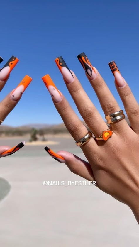 Halloween Baddie Nails, Baddie Nail Ideas, Halloween Baddie, Orange Acrylic Nails, French Tip Nail Designs, Long Acrylic Nail Designs, Drip Nails, Glow Nails, Long Square Acrylic Nails