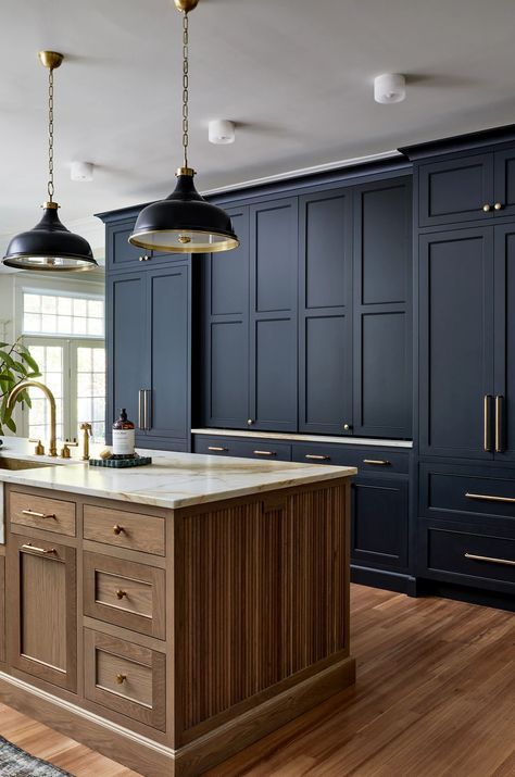 Grafton Colonial Arts And Crafts Kitchen, Patterned Tile Backsplash, Navy Kitchen, Colonial Kitchen, Modern Colonial, Dark Kitchen, Chevy Chase, White Cabinetry, Blue Kitchens