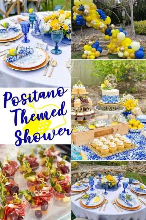 DIY Positano Themed Shower Amalfi Party, Amalfi Coast Theme Party, Positano Theme, Expensive Party, Party Planning List, Italian Baby Showers, Mediterranean Party, Italian Bridal Showers, Lemon Themed Party