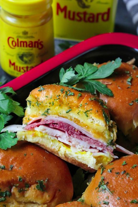 Deli Meat Lover Brioche Sliders - Sandra's Easy Cooking #HotMessAround #BringThePunch #ColmansMustard #Ad Meat Sandwich, Deli Sandwiches, Sub Sandwiches, Burger Sliders, Mini Sandwiches, Deli Meat, Slider Recipes, Meat Lovers, Sandwich Recipes