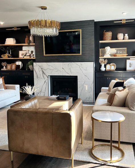 Black Built Ins Fireplace, Black Built Ins, Built Ins Fireplace, Luxury Living Room Inspiration, House Basement, Morgan Freeman, Home Fix, Cozy Fireplace, Gaming Room