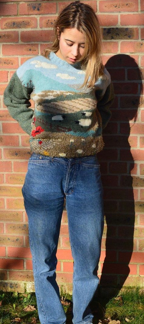 Landscape Sweater, Landscape Pattern, Winter Jumpers, Oversize Sweater, Green Hills, Wool Jumper, Pattern Sweater, Vintage Knitting, Sweaters Oversized