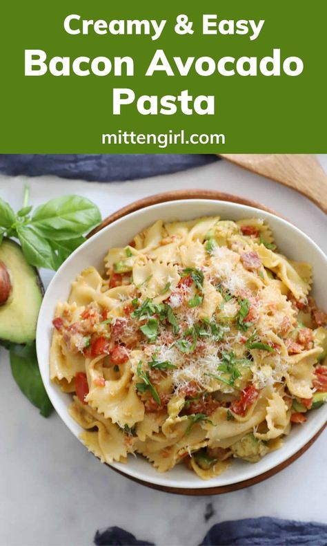 Bacon avocado pasta is full of creamy avocado, fresh tomatoes, and crispy bacon. Tossed with Parmesan cheese and hot pasta, it makes its own delicious sauce for a light and easy dinner. Avocado Pasta Recipes Healthy, Easy Avocado Pasta, Avacodo With Pasta, Easy Light Dinner, Avocado Recipes Pasta, Creamy Avocado Pasta, Bacon Dinner, Shell Pasta Recipes, Bacon Dishes