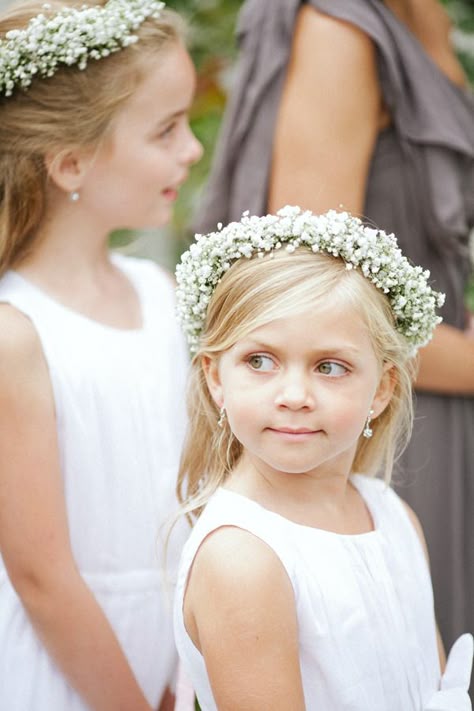 Baby's Breath Flower Girl Wreath -- cute but don't know what Lindsay dreams of or what goes with b'maids hair... Flower Girl Hair Wreath, Pink Grey Wedding, Flower Girl Wreaths, Allure Bridal Gowns, Flower Head Wreaths, Cotton Mill, Wedding Halo, Flower Girl Crown, Girls Crown