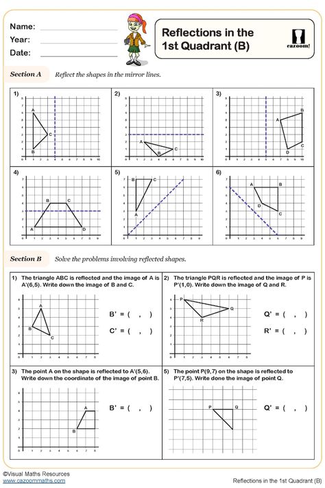 Grade 5 Worksheet: Reflecting in 1st Quadrant Year 5 Maths Worksheets, Reflection Math, Algebra Equations Worksheets, Reflective Symmetry, Year 5 Maths, Equations Worksheets, Ks2 Maths, Angles Worksheet, Reflection Activities