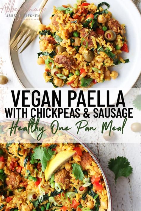 Veggie Paella, Vegan Paella, Protein Veggies, One Pan Meal, Veggie Sausage, Rice Protein, Vegan Sausage, Healthy Family Meals, Healthy Veggies