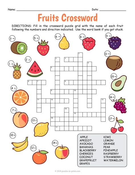 Food Crossword Worksheets, English Crosswords Worksheets, Food Crossword, English Crosswords, Crosswords For Kids, Fruit Worksheet, Crossword Puzzles Printable, Kids Crossword Puzzles, Printable Fruits