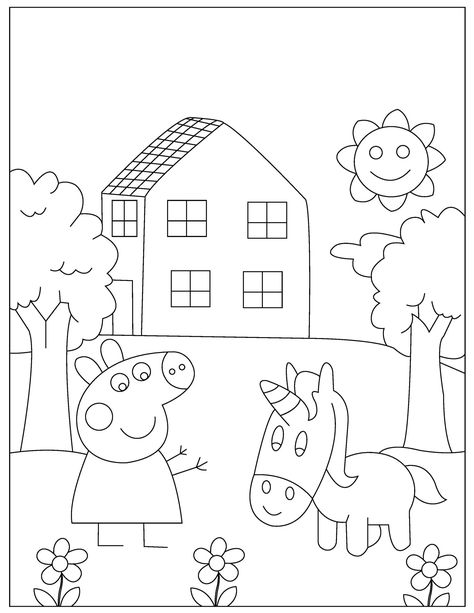 Coloring page of Peppa pig and a unicorn playing outside the house on a sunny day. More cute free cartoon coloring pages available to color at VerbNow. Peppa Pig Drawing, Book Pages Printable, Pig Coloring Pages, Peppa Pig House, Ninja Turtle Coloring Pages, Moana Coloring, Harry Potter Coloring Pages, Pirate Coloring Pages, Minions Coloring Pages