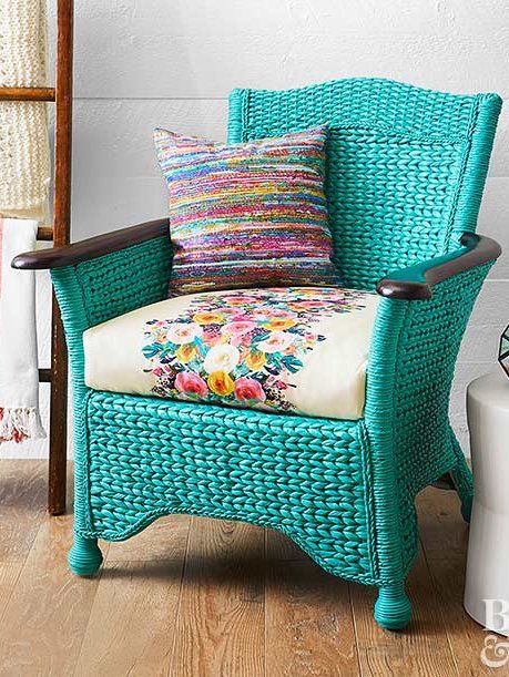 Help a chair with good bones but a less-than impressive color scheme find its groove again. Use the old cushion cover as a pattern to sew a new seat cover from eye-catching fabric—or simply wrap and staple a chic blanket around the seat cushion for a no-sew option. Then update the frame with a paint color that coordinates with the new fabric. Top off the patio furniture makeover with a statement pillow and you'll be glad you kept that old wicker chair in storage for so many years. Old Wicker Chairs, Patio Furniture Makeover, Vintage Furniture Makeover, Old Wicker, Bedroom Furniture Makeover, Painted Wicker, Patio Furniture Cushions, Wicker Patio Furniture, Furniture Market