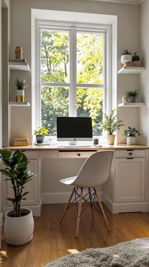 Tiny Office Space Ideas Office Window Desk, Home Office Ideas Desk Facing Window, Desk In Window Nook, Office Desk Under Window, Small Office Nook Ideas, Home Office Desk In Front Of Window, Window Desk Ideas, Tiny Office Space Ideas, Tiny Office Space