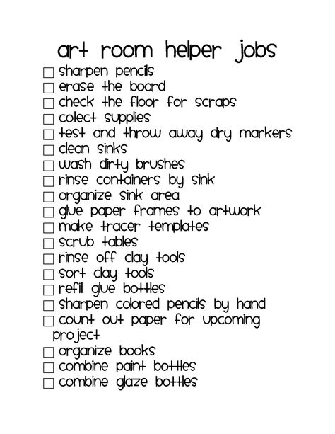 Art Room Cleaning Jobs - This is awesome for those kids that ALWAYS want to help and I can't think of anything for them to do! Art Room Management, Art Room Jobs, Jobs List, Art Classroom Organization, Helper Jobs, Art Rubric, Elementary Art Classroom, Art Room Posters, Art Classroom Management