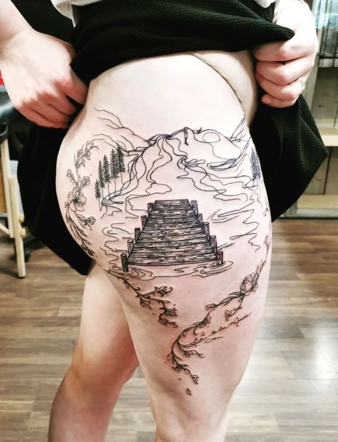 Lake And Trees Tattoo, Lake Scene Tattoo, Lake Landscape Tattoo, Lady In The Lake Tattoo, Lake Louise Tattoo, Lady Of The Lake Tattoo, Lake Tattoo, Earth Tattoo, Scene Tattoo