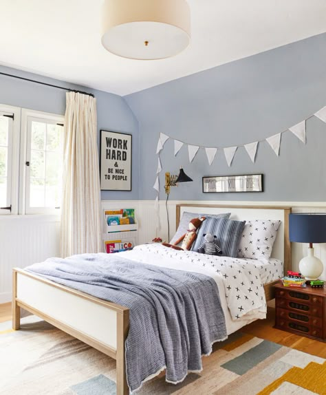 Blue, Mustard and white make for a very cute color palette for a little boy's room Toddler Boy Room Blue Walls, Em Henderson, Kids Shared Bedroom, Boy Bedrooms, Big Boy Bedrooms, Big Kids Room, Gift Bag Ideas, Toddler Boys Room, Boy Rooms