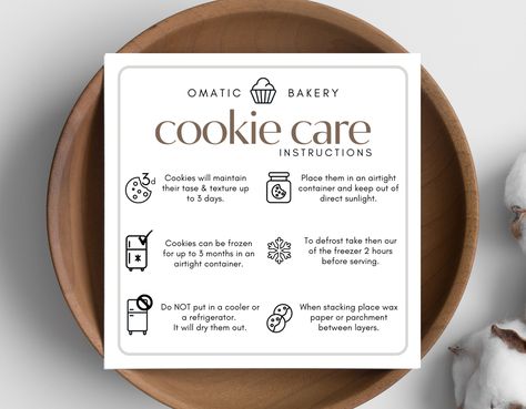 Cookie care card Canva template, Cookie Care Guide, Bakery Order Insert, Cookie Care Instructions... productpackaging #logodesignconcept #logotipos🦋 Cookie Website Design Inspiration, Homemade Cookie Packaging, Cookie Care Instructions, Cookies Menu Design Ideas, Instruction Card Design, Cookies Business Ideas, Teddy Cookies, Cookie Packaging Design, Cookies Packaging Ideas