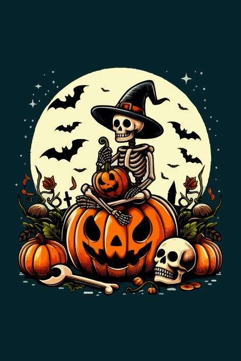 Spooky Skeleton on a Pumpkin: A Humorous cartoon design featuring a skeleton sitting on a pumpkin. Perfect for Halloween Enthusiasts Halloween Cartoon Wallpaper, Skeleton With Pumpkin Head, Halloween Ilustraciones, Pumpkin Halloween Art, Skeleton Sitting, Spooky Cartoon, Fall Skeleton, Fall Stickers, Spooky Skeleton