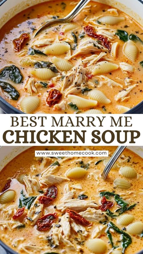 Warm up with this creamy Marry Me chicken soup! Packed with tender chicken, herbs, and a flavorful broth, this recipe is perfect for comforting dinner ideas or meal prep. A delicious twist on a classic soup that will win everyone over. Marry Me Chicken Soup, Soup Meal Prep, Chicken Herbs, Soup Recipes With Chicken, Chicken Recipes Ideas, Chicken Soup Recipes Homemade, Chicken Broth Recipes, Comfort Dinner, Delicious Chicken Recipes