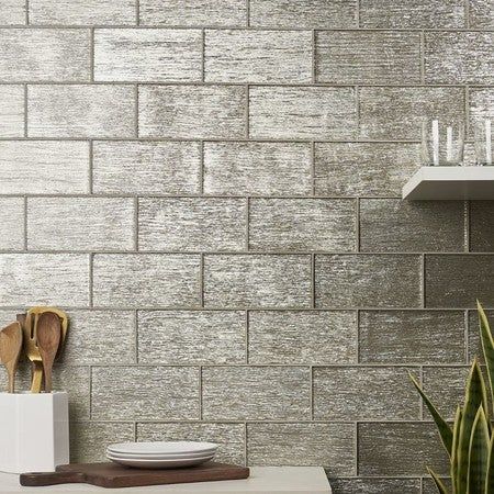 Check this photo out! Glitter Subway Tile, Beveled Tile Backsplash, Brass Backsplash Kitchen, Gold Backsplash Kitchen, Glass Mosaic Backsplash Kitchen, White Glass Backsplash, Metal Backsplash Kitchen, Backsplash Installation, Glass Mosaic Tile Backsplash