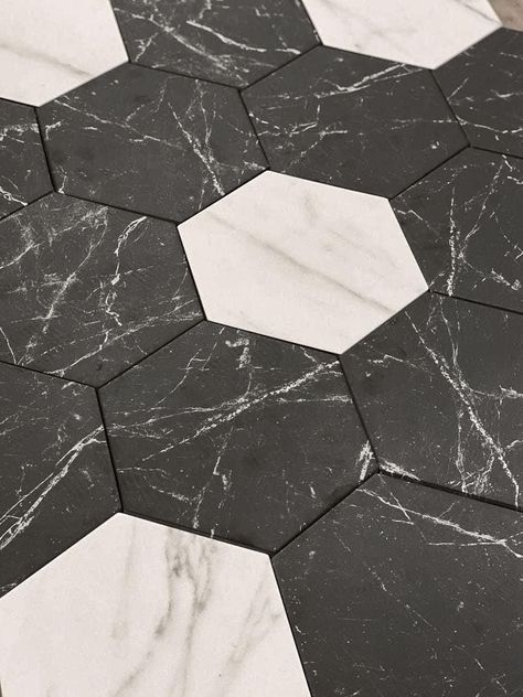 Cosmo Black Marbled Porcelain Hexagon Tile Sample ships for free from Tile Club! Order your mosaic tile sample to preview the material, color, and design in person. Tile samples are typically 4” x 5” pieces cut from a full-size tile sheet and are not intended to be installed. Home Floors, Black Hexagon Tile, Porcelain Hexagon Tile, White Hexagon Tiles, Honeycomb Tile, Hexagon Floor, Hexagon Tile Floor, Hexagon Tile, Shower Installation