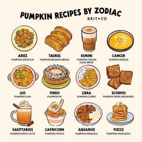 We've never met a pumpkin treat we didn't like 🎃 From pumpkin pancakes and froyo to gnocchi and bisque, these recipes are full of pumpkin spice and everything nice ✨ Check your sun, moon, and rising signs to find your perfect pumpkin recipe, according to your zodiac sign 💫 ⁠ ⁠ #fall #fallvibes #fallrecipes #autumn #dessert #desserts #doodle #cuteillustration #pumpkin #pumpkinrecipes #pumpkinideas #pumpkinspicelatte #psl Pumpkin Swirl Brownies, Pumpkin Bisque, Pumpkin Cream Cold Brew, Autumn Dessert, Sun Moon And Rising, Pumpkin Granola, Rising Signs, Pumpkin Gnocchi, Cream Cold Brew