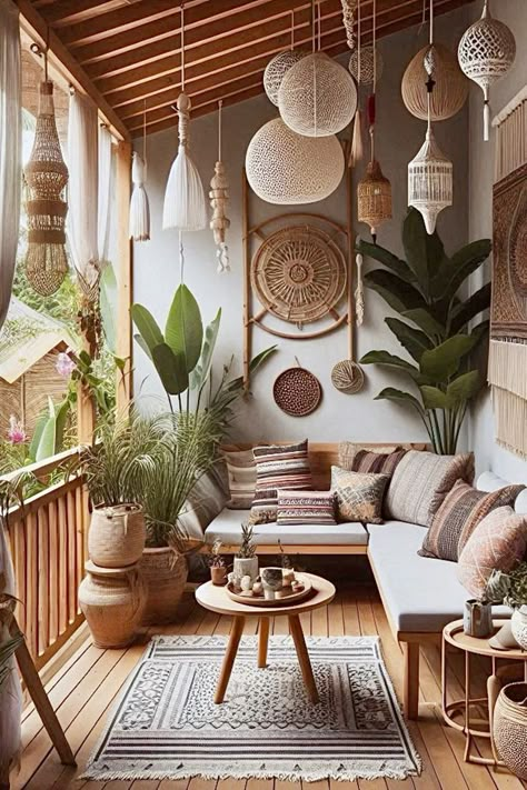 Boho Balcony Decor, Balcony Boho, Patio Ideas Townhouse, Boho Balcony Ideas, Small Porch Decorating, Boho Balcony, Cozy Balcony, Small Balcony Design, Cozy Furniture