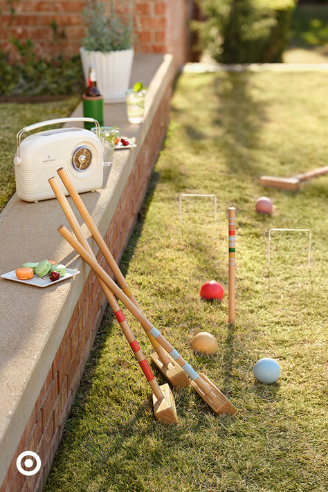 Play all day with lawn games & activities perfect for a boisterous backyard get-together. Find croquet, bocce ball and more in the new Hearth & Hand™ with Magnolia collection, only at Target. #HearthAndHand Cocktail Hour Yard Games, Lawn Party Games, Outdoor Lawn Games Wedding, Lawn Game Wedding, Backyard Croquet, Wedding Games And Activities, Croquet Game Lawn, Tea Party Bridal Shower Decorations, Kid Friendly Backyard