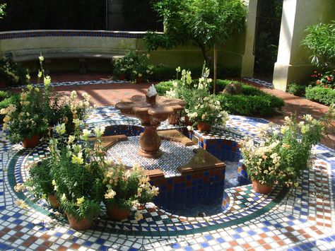 Turkish Courtyard Talavera Fountain, Turkish Garden, Mexican Gardens, Tiled Patio, Moroccan Courtyard, Moroccan Garden, Mexican Garden, Fountain Ideas, Walled Courtyard