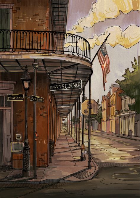 New Orleans Drawing, Background Environment, French Quarter Art, Nouvelle Orleans, New Orleans Art, Louisiana Art, Travel Sketches, Colour Ideas, Sci Fi Books