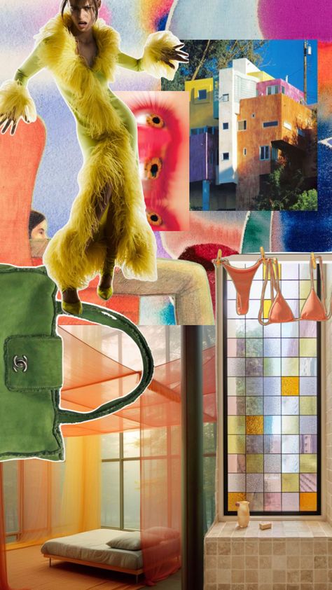 A moodboard featuring a collage of eclectic images: a model in a yellow feathered dress, a colorful modern building, abstract artwork, a green handbag, and a stylish interior with orange and yellow drapery and a stained glass window. The composition highlights vibrant colors, playful textures, and a fusion of fashion, art, and architecture. Feathered Dress, Yellow Feathers, Eclectic Interior Design, Playful Decor, Serene Bedroom, Yellow Bedroom, Green Handbag, Eclectic Interior, Orange And Yellow