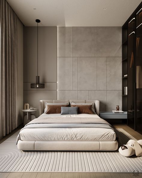 This modern bedroom seamlessly blends comfort and style. The peaceful bedroom has a comfortable bed, elegant wall panels, and soft, neutral colors. Adjacent, an interactive study space with a pegboard wall and rounded furniture adds a creative touch, resulting in the ideal combination of elegance and fun.

#homeDecor #Boy'sBedroom #modernInterior #bedroomDesign #contemporaryInterior Neo Classical Bedroom, Modern Simple Bathroom, Japandi Bedroom Design, Pegboard Wall, Rest And Recharge, Fresh Interior, Peaceful Bedroom, Bed Headboard Design, Stylish Bedroom Design