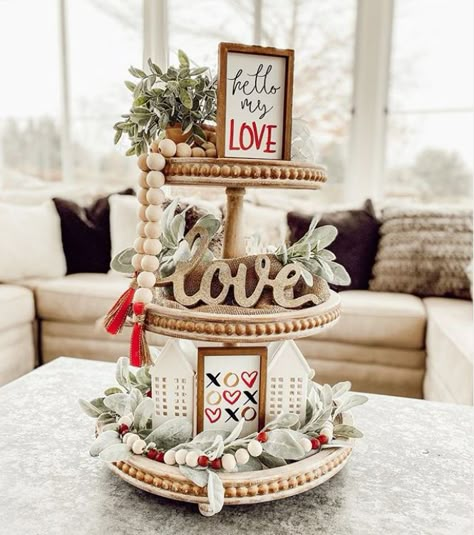 Three Tiered Tray, Vday Decor, Farmhouse Valentine Decor, Saint Valentin Diy, Valentines Bricolage, Diy Valentine's Day Decorations, Tiered Tray Diy, Valentine's Day Crafts For Kids, Diy Valentines Decorations