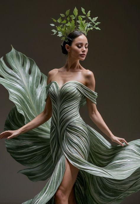 Ethereal Elegance: Leaf-Inspired Green Gown Leaf Inspired Fashion, Leaf Textiles, Dress Made Of Leaves, Forest Gown, Fashion Inspired By Nature, Nature Dresses, Textured Gown, Leaf Fashion, Leaves Dress