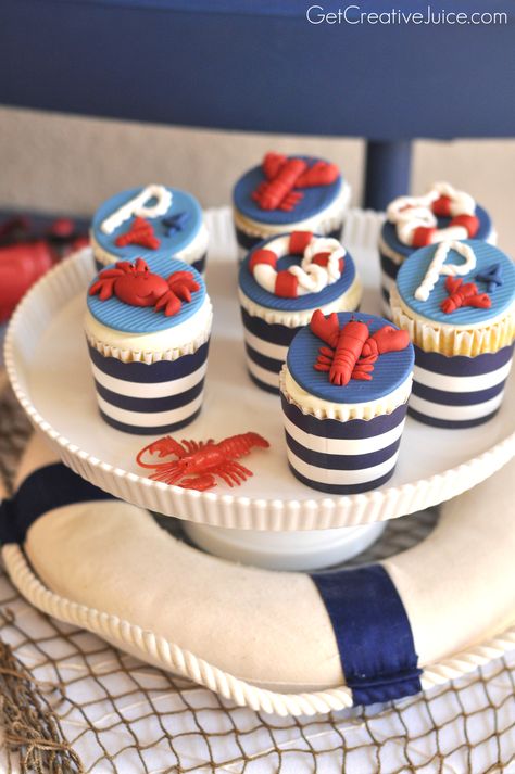 Crab Fondant, Crab Birthday Cake, Crab Birthday Cakes, Beach Desserts, Lobster Birthday, Nautical Party Ideas, Nautical Cookies, Month Cake, Coastal Party