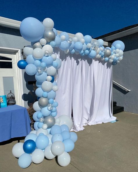 Drive by baby shower Blue, white and silver balloon garland Sky Blue Balloons Decorations, Sky Blue Theme Birthday Party, Sky Blue Birthday Party Decorations, Blue And White Themed Party, Blue And White Balloon Decorations, Blue Themed Birthday Party, Blue Birthday Themes, Silver Balloon Garland, Balloon Arrangement